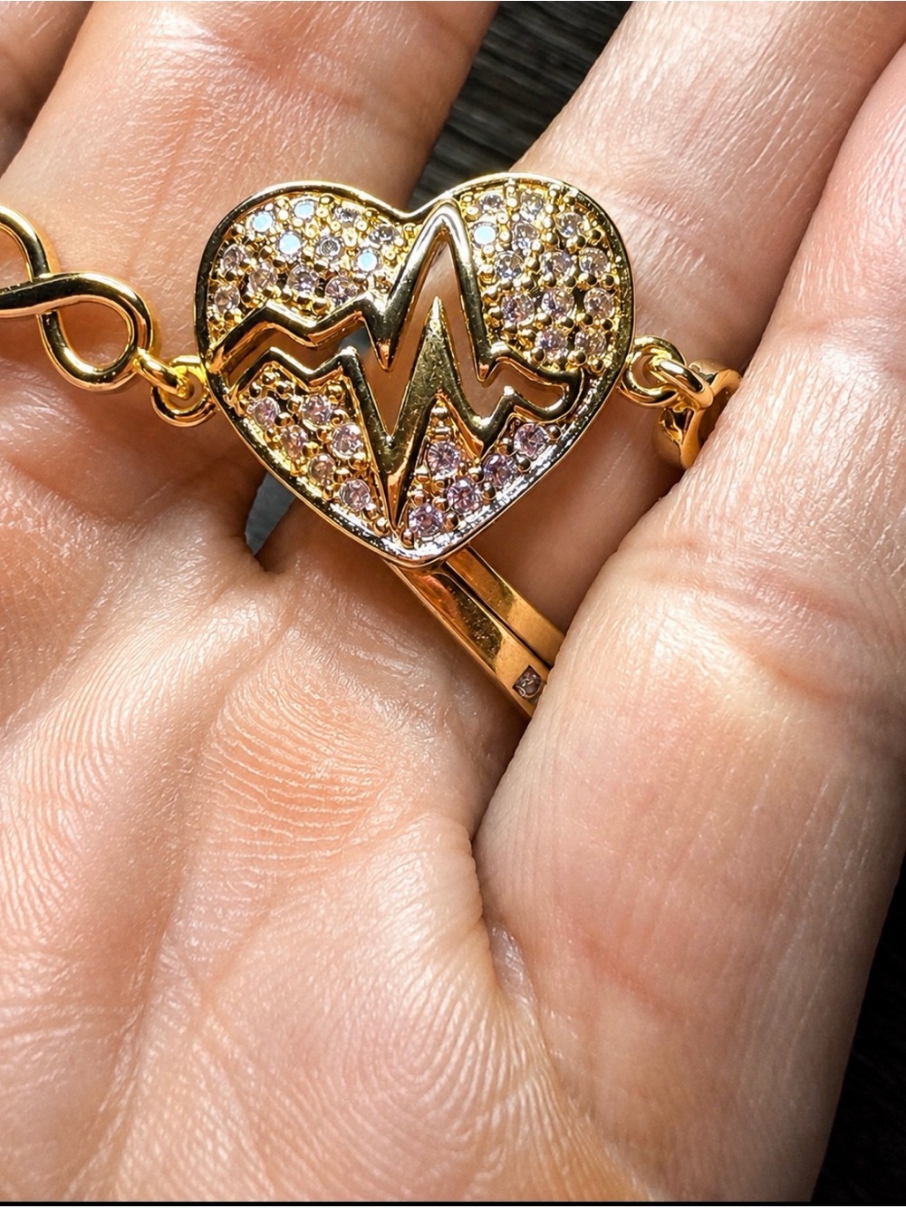 Gold Heart Pulse Bracelet with Pink Crystal Accents